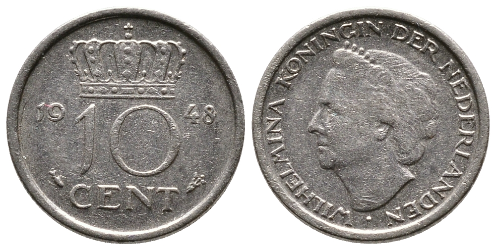 Нидерланды 10 центов 1948 Вильгельмина (1895-1948) KM 177 никель 83-1469