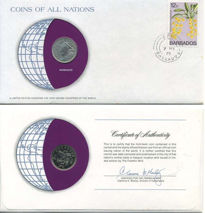 БАРБАДОС 25 ЦЕНТОВ 1979 монета в конверте с маркой и спецгашением UNC 4294-4-3