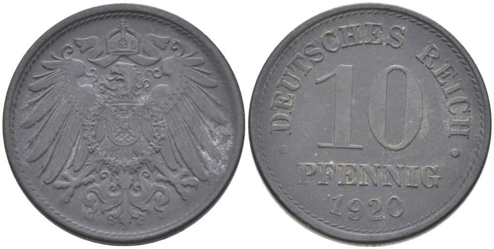 ГЕРМАНИЯ 10 ПФЕННИНГОВ 1920 KM 26, J.299, Weege 8 цинк 202-216