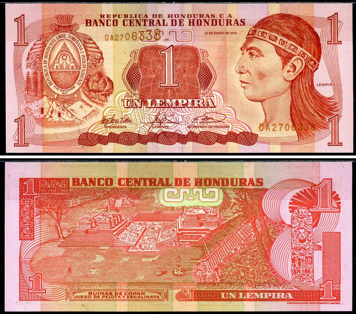 Гондурас 1 лемпира 2003 Индейский вождь Лемпира, руины древних Майя Pick 84c бумага UNC (пресс) 6283-16-1-2