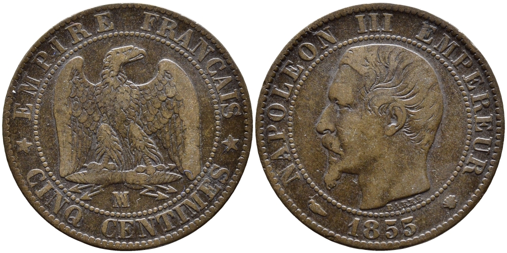ФРАНЦИЯ 5 САНТИМОВ 1855 MA, НАПОЛЕОН III (1852-1870) KM 777.6, LE FRANC 116.26 бронза 4393-333