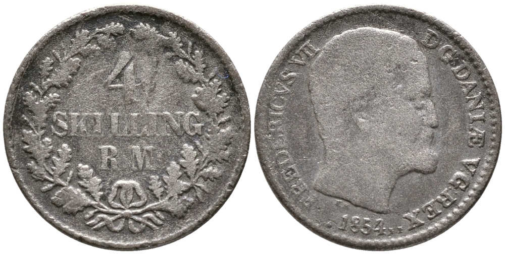 ДАНИЯ 4 СКИЛЛИНГА РИГСМОНТ 1854 RM, ФРЕДЕРИК VII (1848-1863) KM 758.1 (С136.1) серебро 100-745