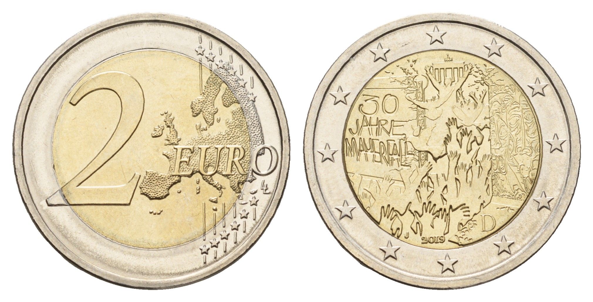 Германия 2 евро 2019 G, 30 лет падению Берлинской стены KM 429 биметалл UNC 71-1127