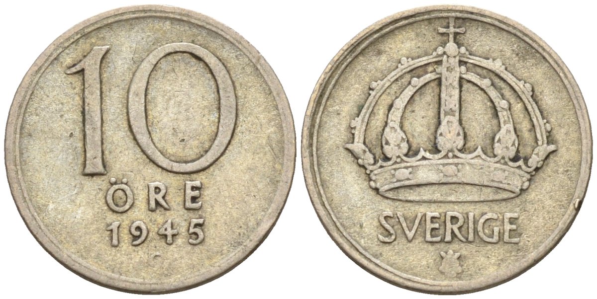 Швеция 10 эре 1945 G, Густав V (1907-1950) KM 813 серебро 4147-846