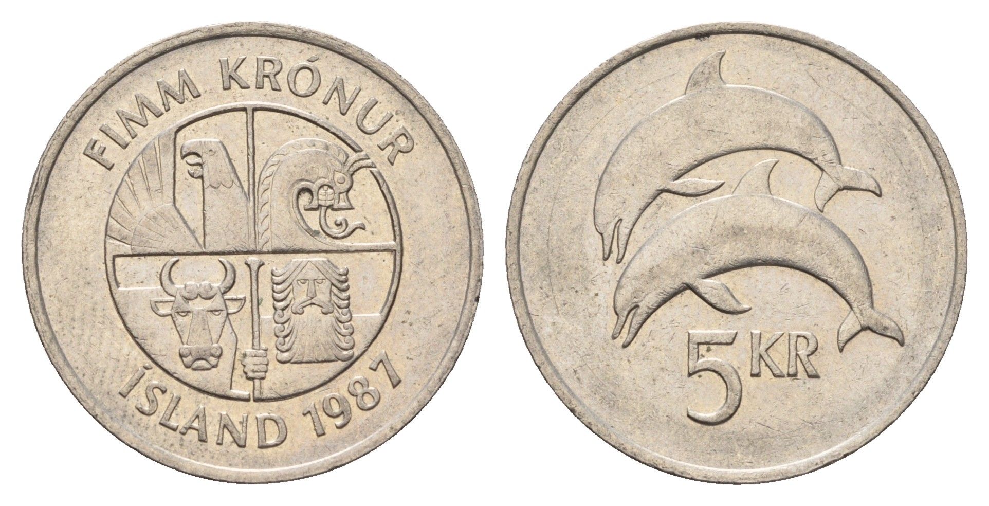 Исландия 5 крон 1987 дельфины KM 28 медно-никель 4589-252
