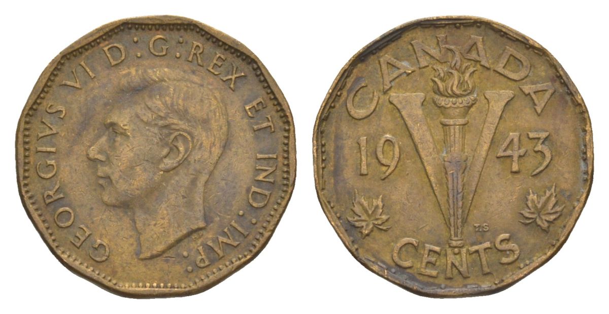 Канада 5 центов 1943 Георг VI (1936-1952) KM 40 медь цинк 4630-648