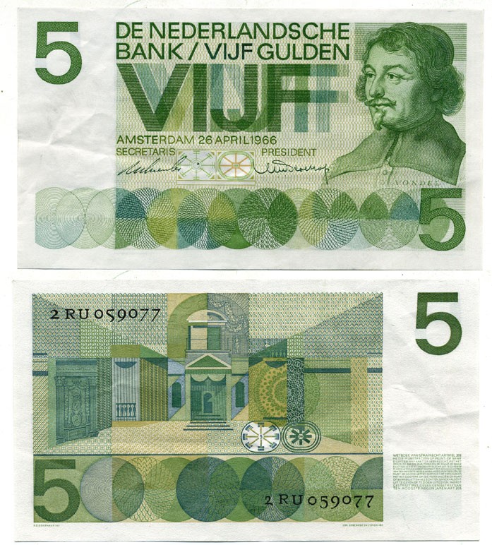 Нидерланды 5 гульденов 1966 Йост ван ден Вондел Pick 90 a бумага 444-137-2