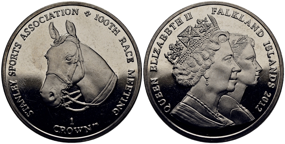 Фолклендские острова 1 крона 2012 100 лет кубку Стенли, лошадь KM 168 медно-никель UNC M75-06
