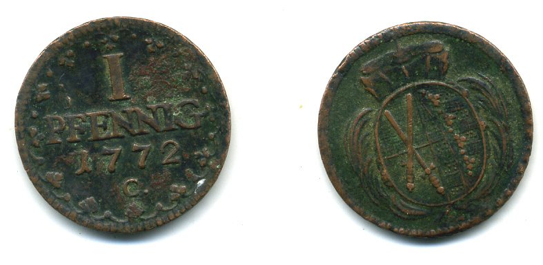 САКСОНИЯ 1 ПФЕННИГ 1772 C ФРИДРИХ KM 1000 медь 54-627