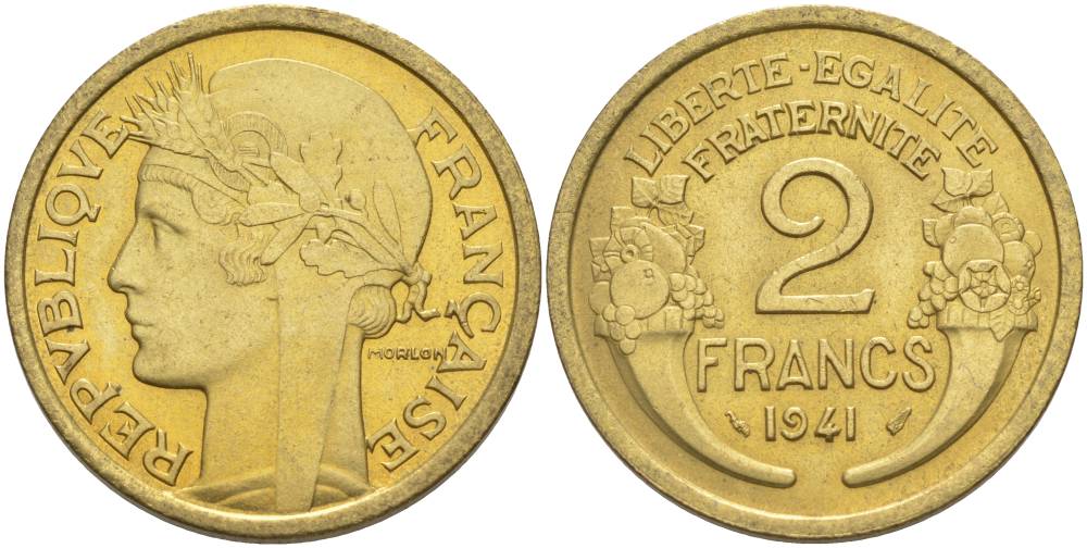 ФРАНЦИЯ 2 ФРАНКА 1941 ТИП MORLON KM 886, LE FRANC 268.14 алюминиевая бронза 3855-221