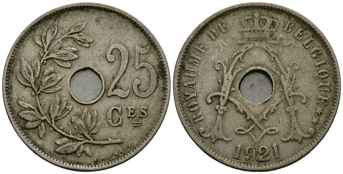 Бельгия 25 сантимов 1921 Belgique KM 68 медно-никель 4168-1231