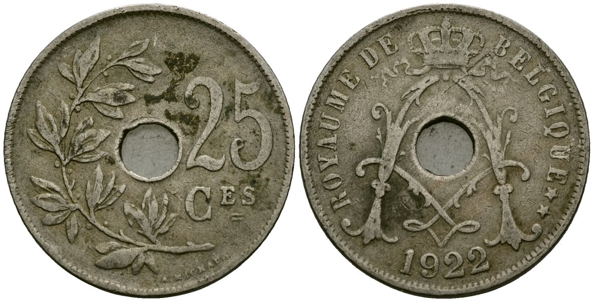 Бельгия 25 сантимов 1922 Belgique KM 68 медно-никель 4165-425