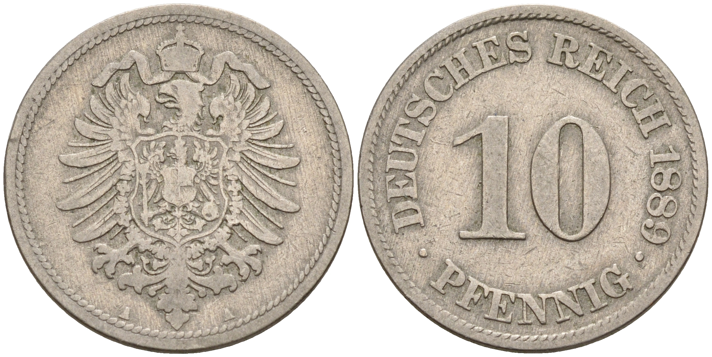 Германия 10 пфеннигов 1889 А, старогербовка KM 4 J. 4 медно-никель    4153-321