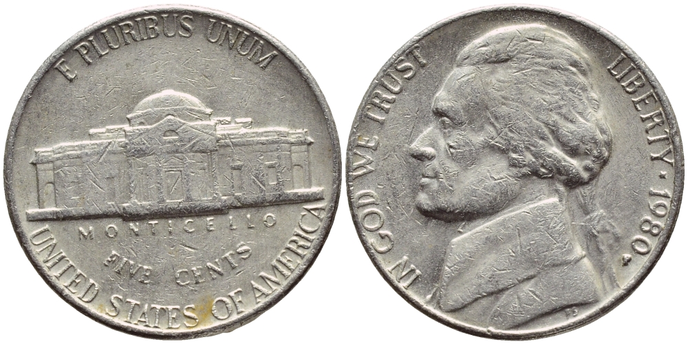 США 5 ЦЕНТОВ 1980 P, ДЖЕФФЕРСОН KM А192 медно-никель 4397-131