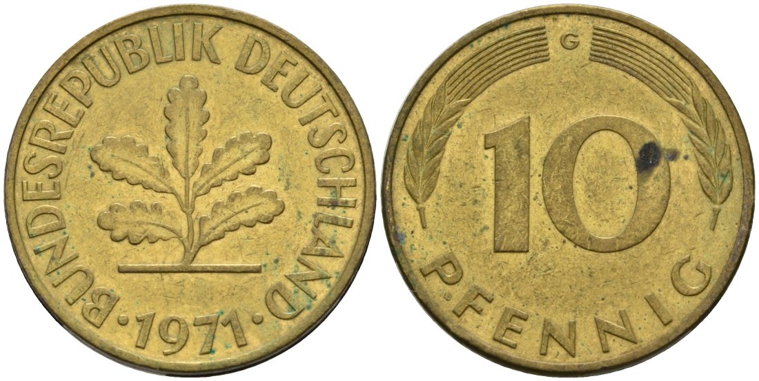 ФРГ 10 пфеннигов 1971 G KM 106 сталь плакированная латунью 4571-535