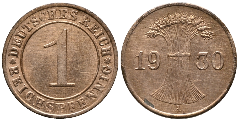 ГЕРМАНИЯ 1 РЕЙХСПФЕННИГ 1930 A KM 37, J. 313 бронза 39-1044
