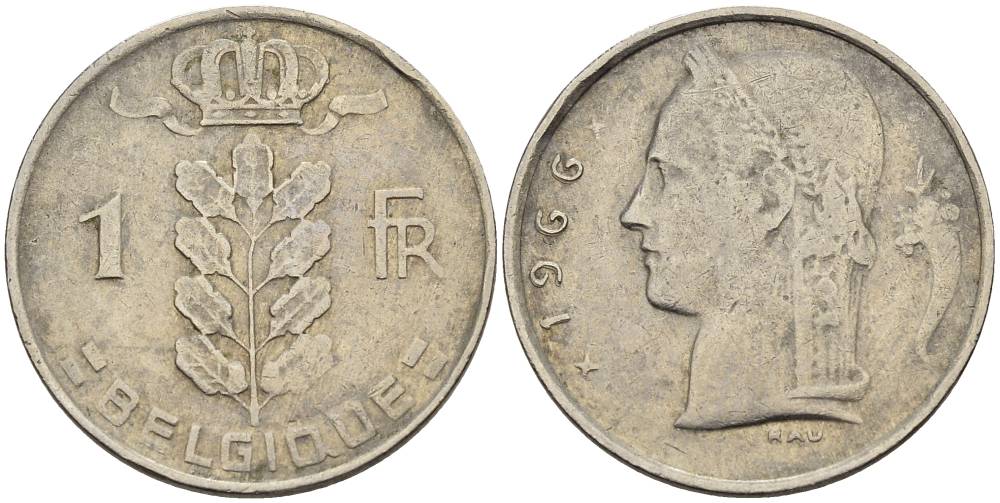 БЕЛЬГИЯ 1 ФРАНК 1966 BELGIQUE KM 142.1 медно-никель 4546-453
