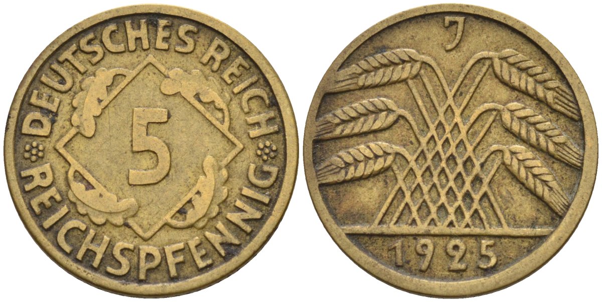 Германия 5 рейхспфеннигов 1925 J, Веймарская республика KM 39 алюминиевая бронза 116-914