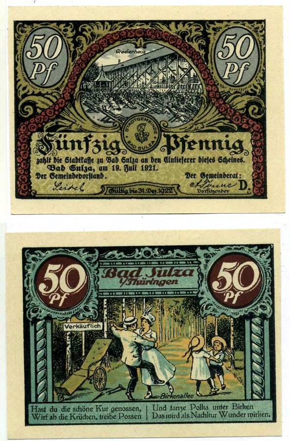 Бад-Зульца 50 пфеннигов 1922 19 июля 1921 - 31 декабря 1922, нотгельд (Буква D), земля Тюрингия Grabowski 1304.1а бумага 2195-46-2-1