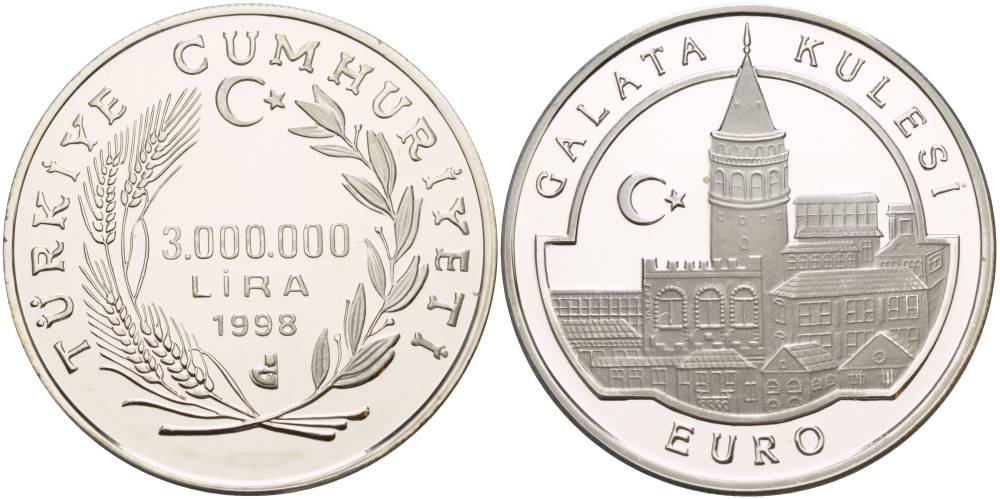 Турция 3000000 лир 1998 Галатская башня (Галата Кулеси), тираж 7843 экземпляра KM 1086 серебро PROOF 1088-9-24