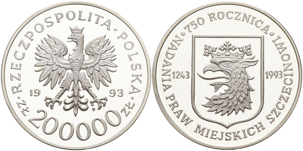 Польша 200000 злотых 1993 750 лет основания города Щецин KM 255 серебро PROOF 00-000-00