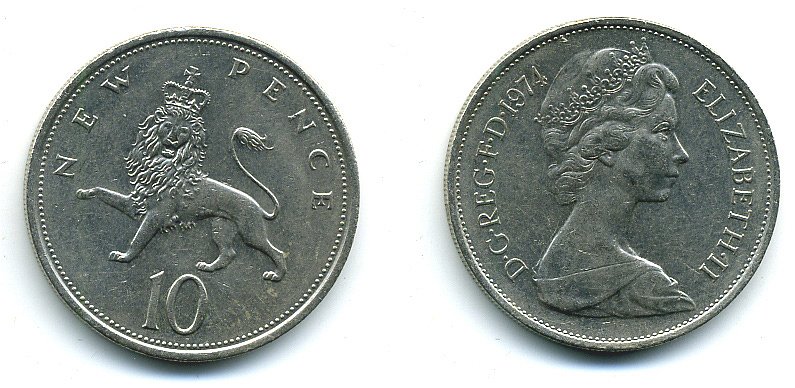 Великобритания 10 пенсов 1974 Елизавета II (1952-2022) KM 912, Spink 4231 (F1) медно-никель  4110-1342