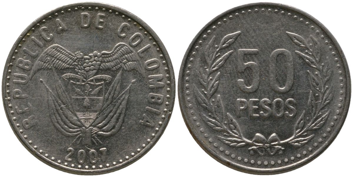 Колумбия 50 песо 2007 KM 283.2a никель латунь 4538-1044