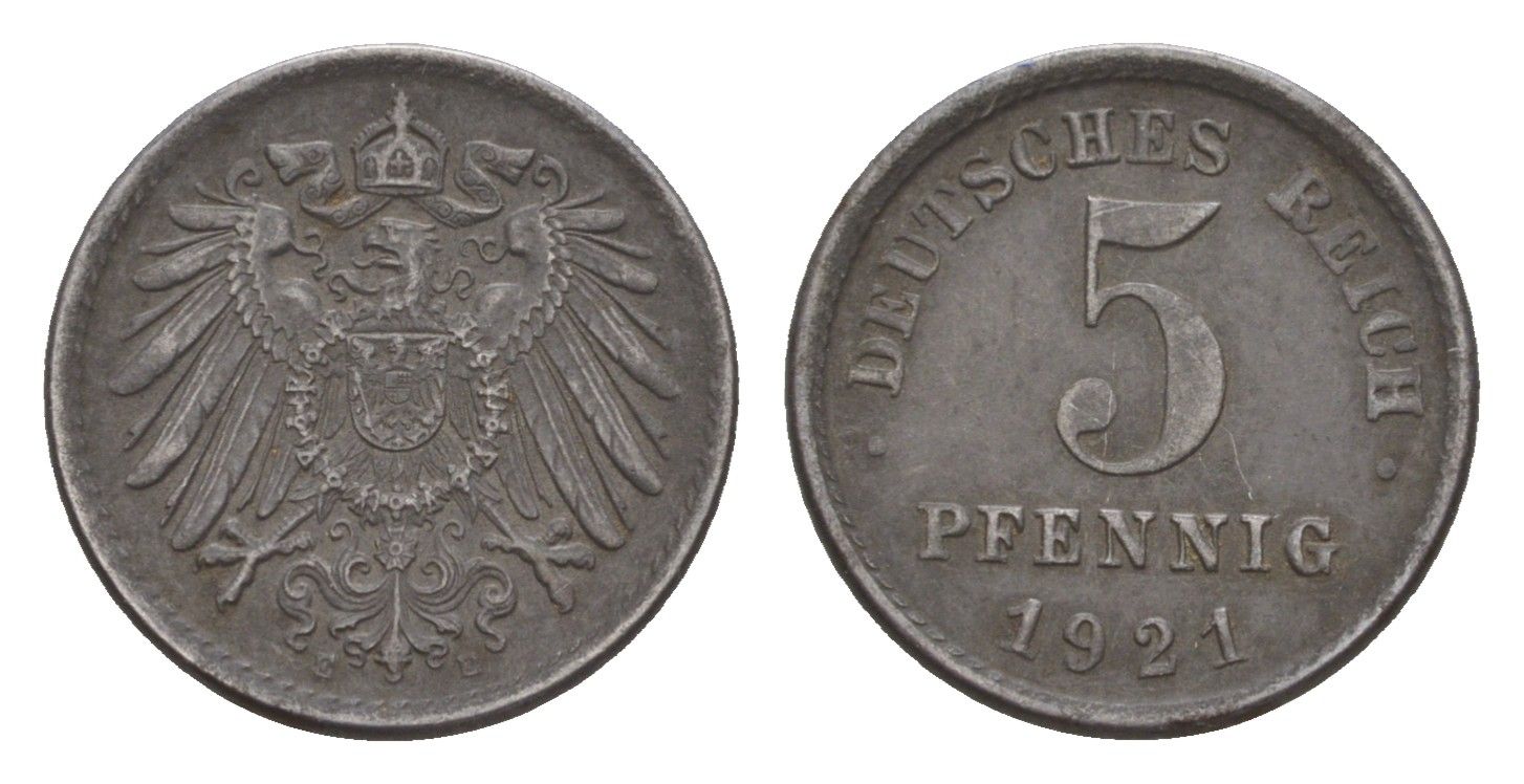 Германия 5 пфеннигов 1921 E KM 19, J. 297 железо плакированная цинком 4659-127