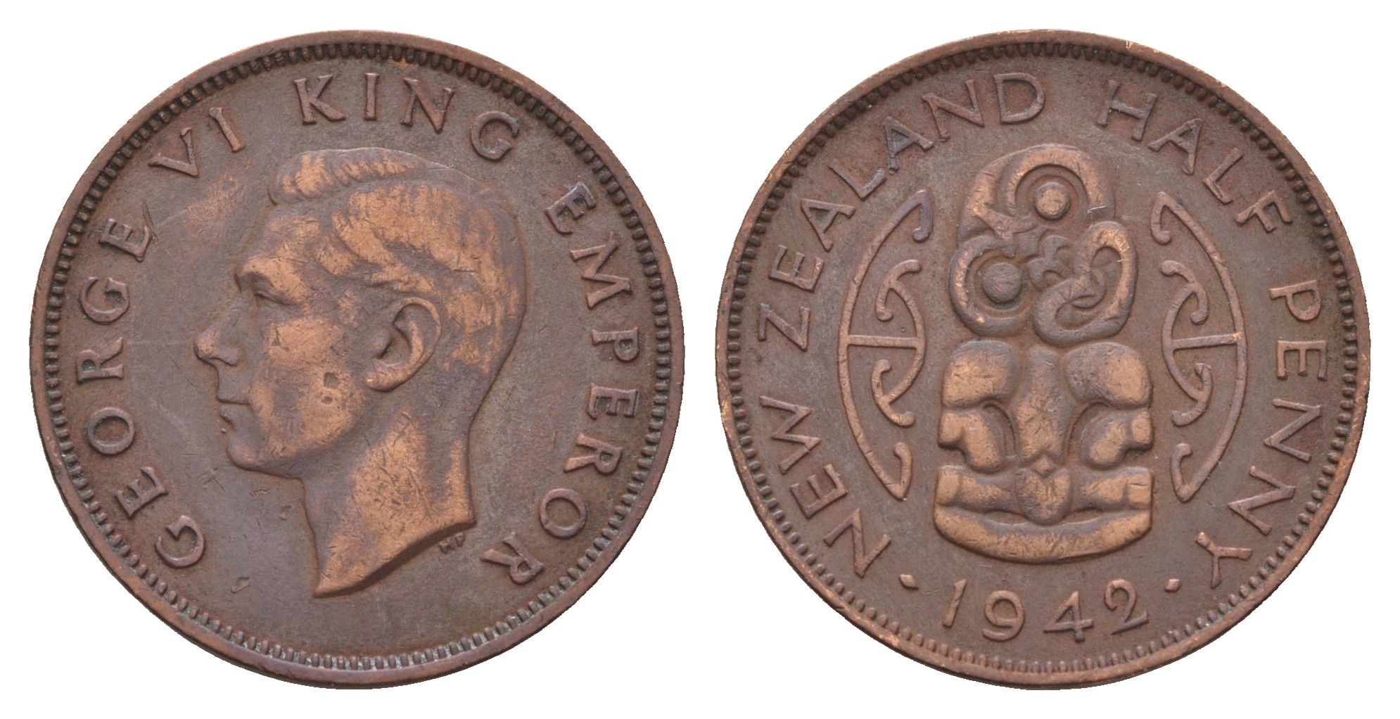 Новая Зеландия 1/2 пенни 1942 Георг VI (1936-1952), божество Хей-Тики KM 12 бронза 4671-515