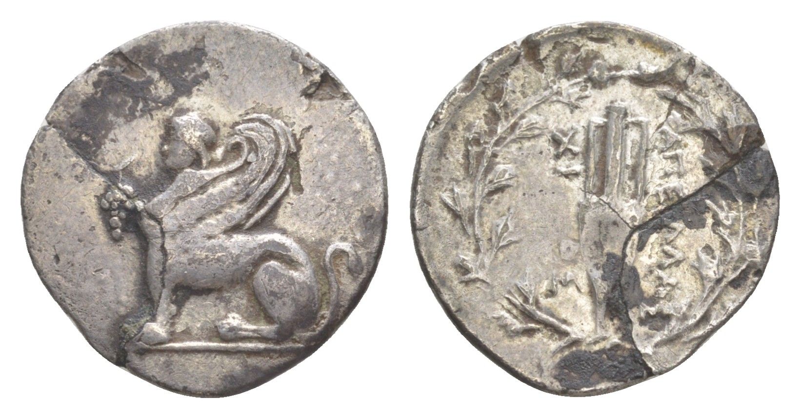 Иония, Хиос драхма 190-84 гг. до н.э. магистрат Апеллий, сфинкс с виноградной гроздью/амфора, RARE, (сквозная трещина), (из старой нидерландской коллекции) BMC 46 серебро 1073-1-24