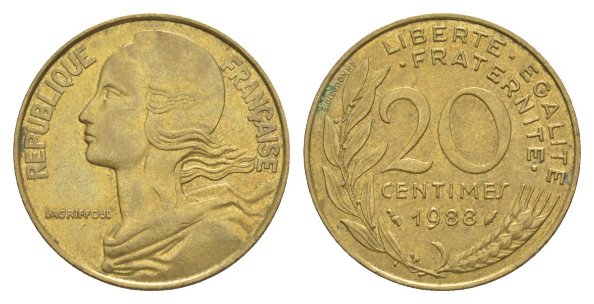 Франция 20 сантимов 1988 тип Morlon KM 930, Le Franc 156.28 алюминиевая бронза 4631-514