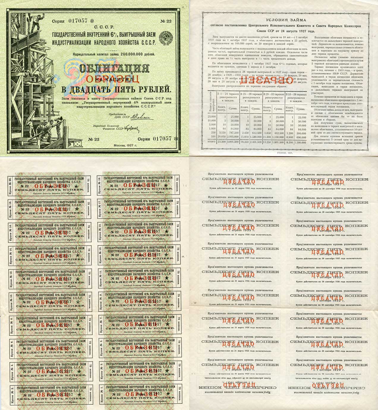 СССР, Государственный внутренний 6 % выигрышный заем индустриализации народного хозяйства СССР 25 рублей, 1 облигация 1927 Образец, надпись горизонтальная Золотарев 27.8.2  бумага   5548-85-1-1