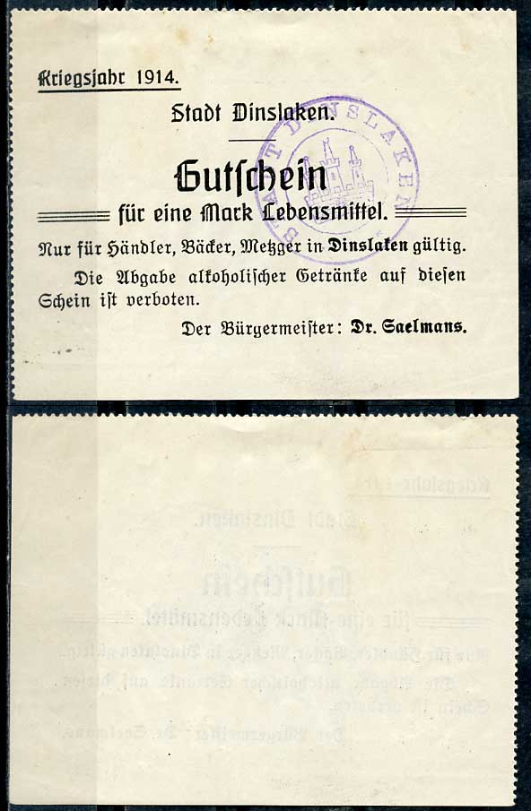 Германия, Динслакен 1 марка 1914 нотгельд Diessner 83.1.c бумага UNC (пресс) 444-99-3-2