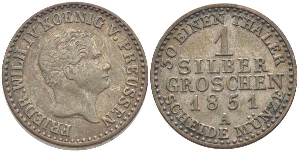ПРУССИЯ 1 ГРОШ 1851 А, ФРИДРИХ ВИЛЬГЕЛЬМ IV (1840-1861) KM 435 серебро 201-632