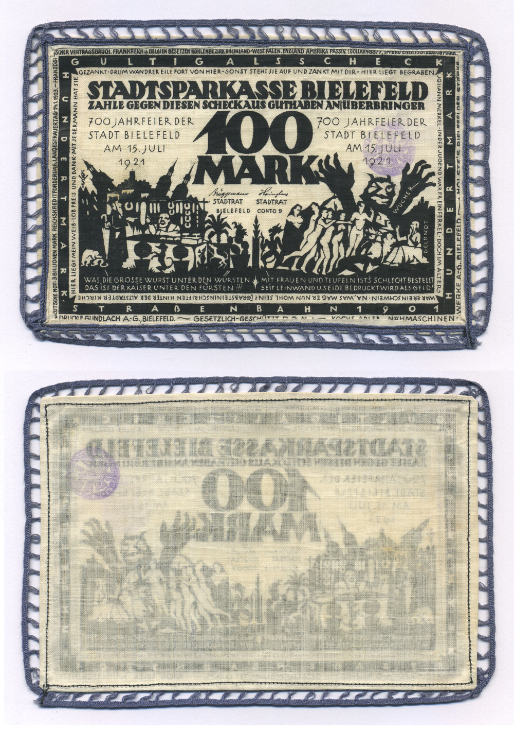 Германия, Билефельд 100 марок 1921 15 июля 1921, 700 лет городу Билефельду   шёлк  UNC 00-00