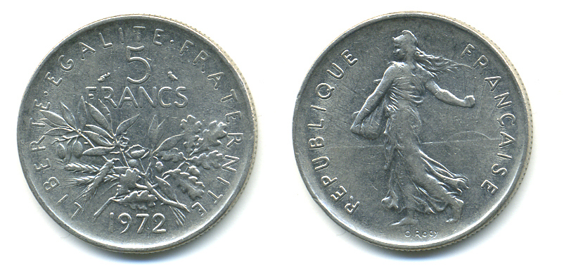 ФРАНЦИЯ 5 ФРАНКОВ 1972 СЕЯТЕЛЬ KM 926a.1, LE FRANC 341.4 медно-никель плакированный никелем 176-1133