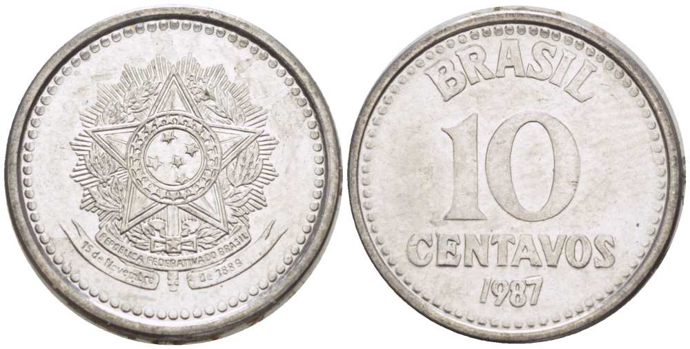 БРАЗИЛИЯ 10 СЕНТАВО 1987 РЕФОРМА 1986-1989 KM 602 нержавеющая сталь 100-766