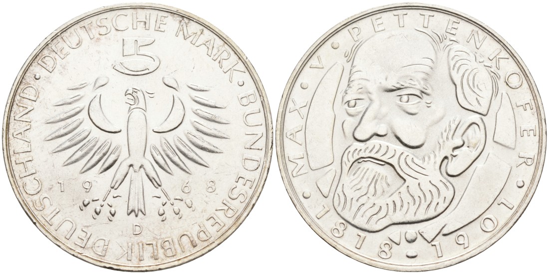 ФРГ 5 марок 1968 D, 150 лет со дня рождения Макса фон Петтенкофера J. 398, KM 123.1 серебро 88-216