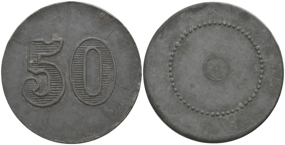 ФРАНЦИЯ 50 САНТИМОВ ND ПЛАТЕЖНЫЙ ЖЕТОН НАЧАЛА XX ВЕКА, НОМИНАЛ С ОДНОЙ СТОРОНЫ, ЦИФРЫ НОМИНАЛА 12 ММ., ДИАМЕТР 24 ММ. цинк 65-412