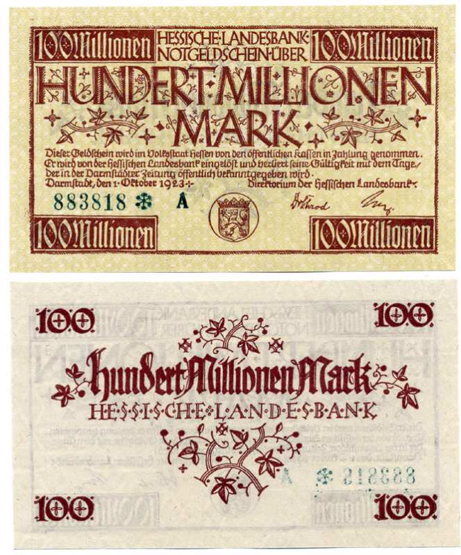 ДАРМШТАДТ, ГЕРМАНИЯ 50000000 МАРОК (50 МИЛЛИОНОВ) 1923 1 СЕНТЯБРЯ 1923, НОТГЕЛЬД, ЗЕМЛЯ ГЕССЕН, НОМЕР, СНЕЖИНКА, СЕРИЯ А, ЗЕЛЁНАЯ, HESSESCHE LANDESBANK Keller 956е бумага UNC (ПРЕСС) 8613-22-1-2