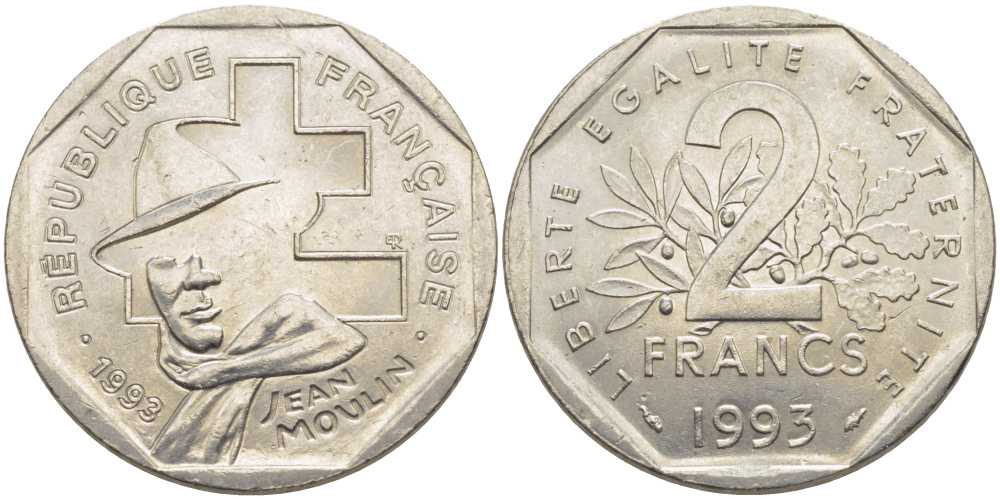 Франция 2 франка 1993 Жан Мулен, 50 лет Национальному движению сопротивления KM 1062, Le Franc 273.2 никель 111-1121