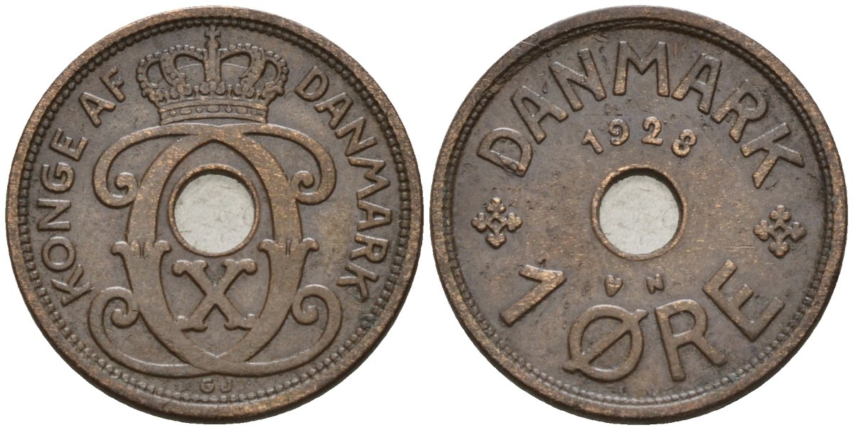 Дания 1 эре 1928 Кристиан X (1912-1947) KM 826 бронза 4147-423