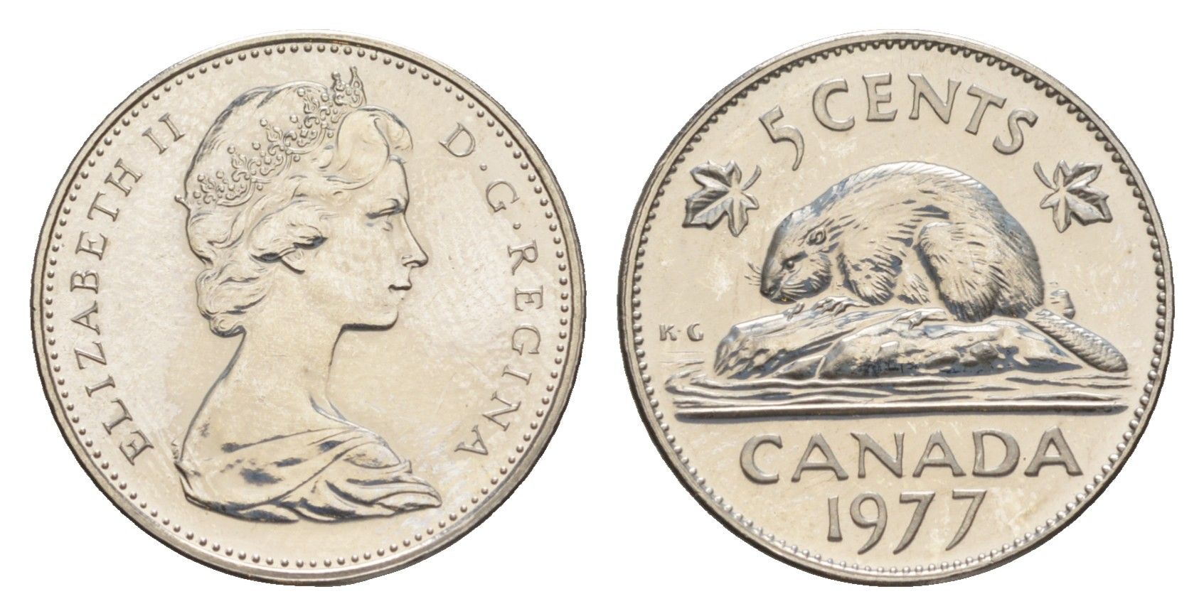 Канада 5 центов 1977 Елизавета II (1952-2022), бобр KM 60.1 никель PROOF-LIKE (BU) 4630-946