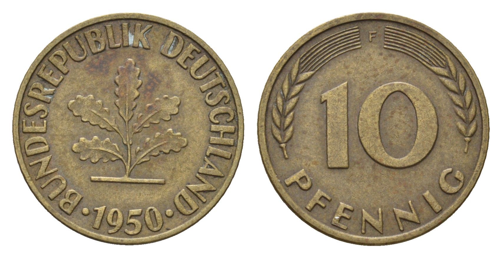 ФРГ 10 пфеннигов 1950 F KM 108, J. 383 сталь плакированная латунью 4684-242