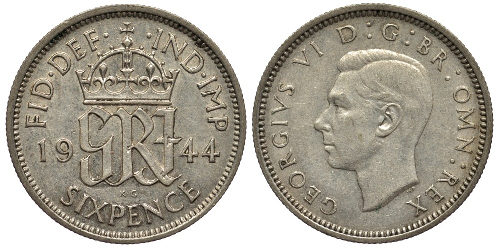 Великобритания 6 пенсов 1944 Георг VI (1936-1952) KM 852, Spink 4084 серебро 4538-533