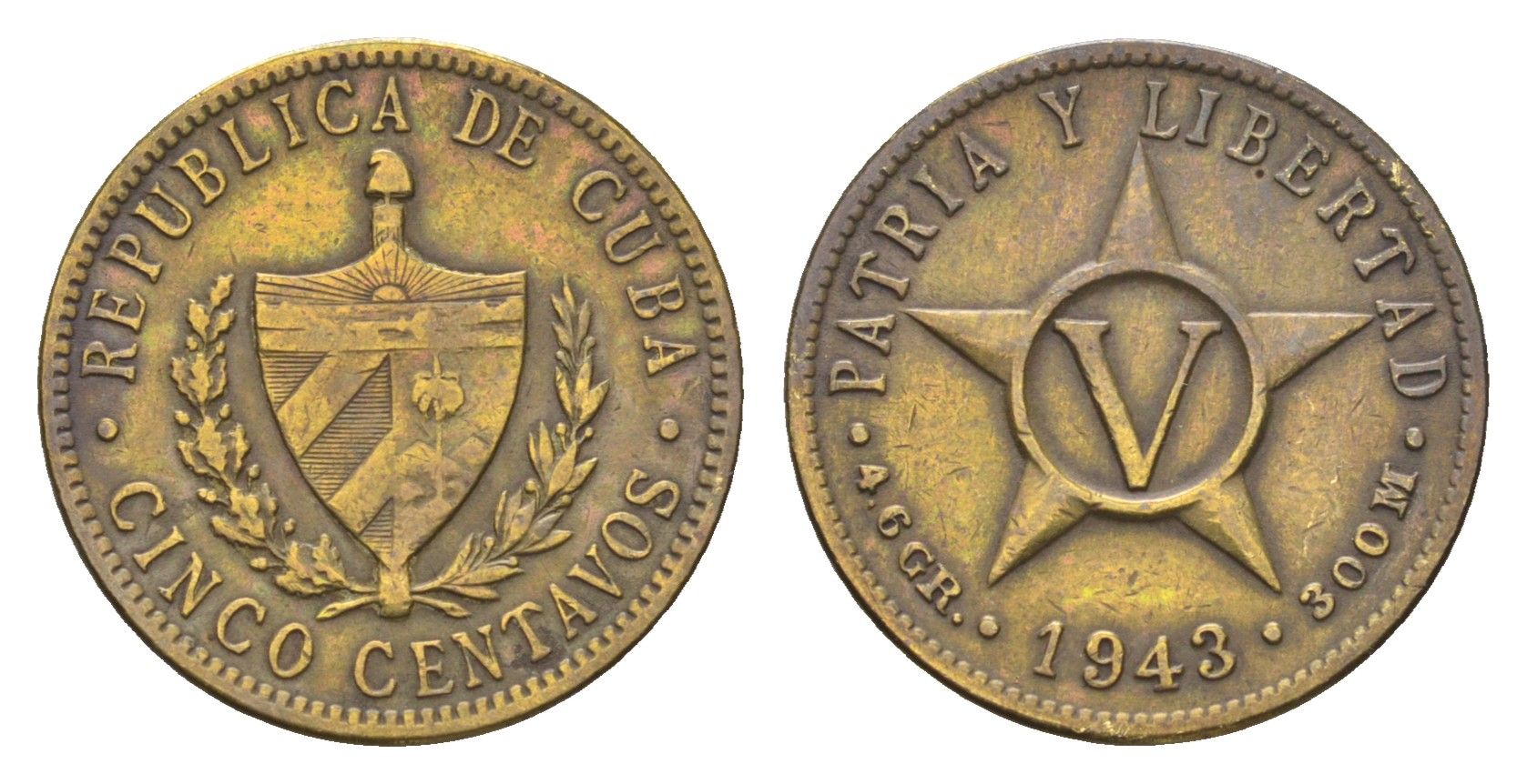 Куба 5 сентаво 1943 год-тип KM 11.3a латунь 4668-839