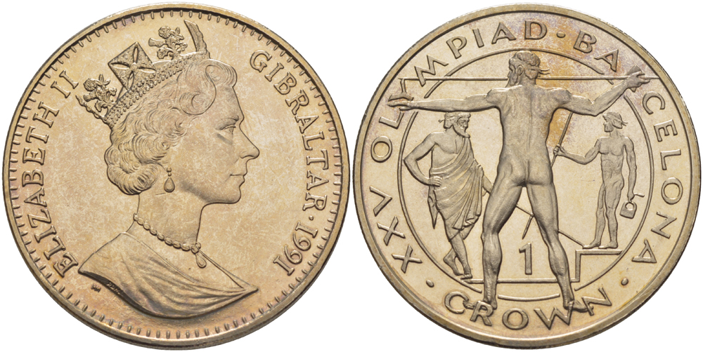 Гибралтар 1 крона 1991 XXV Олимпийские игры 1992 года в Барселоне, копьеметатель KM 69 медно-никель UNC 1084-8-32