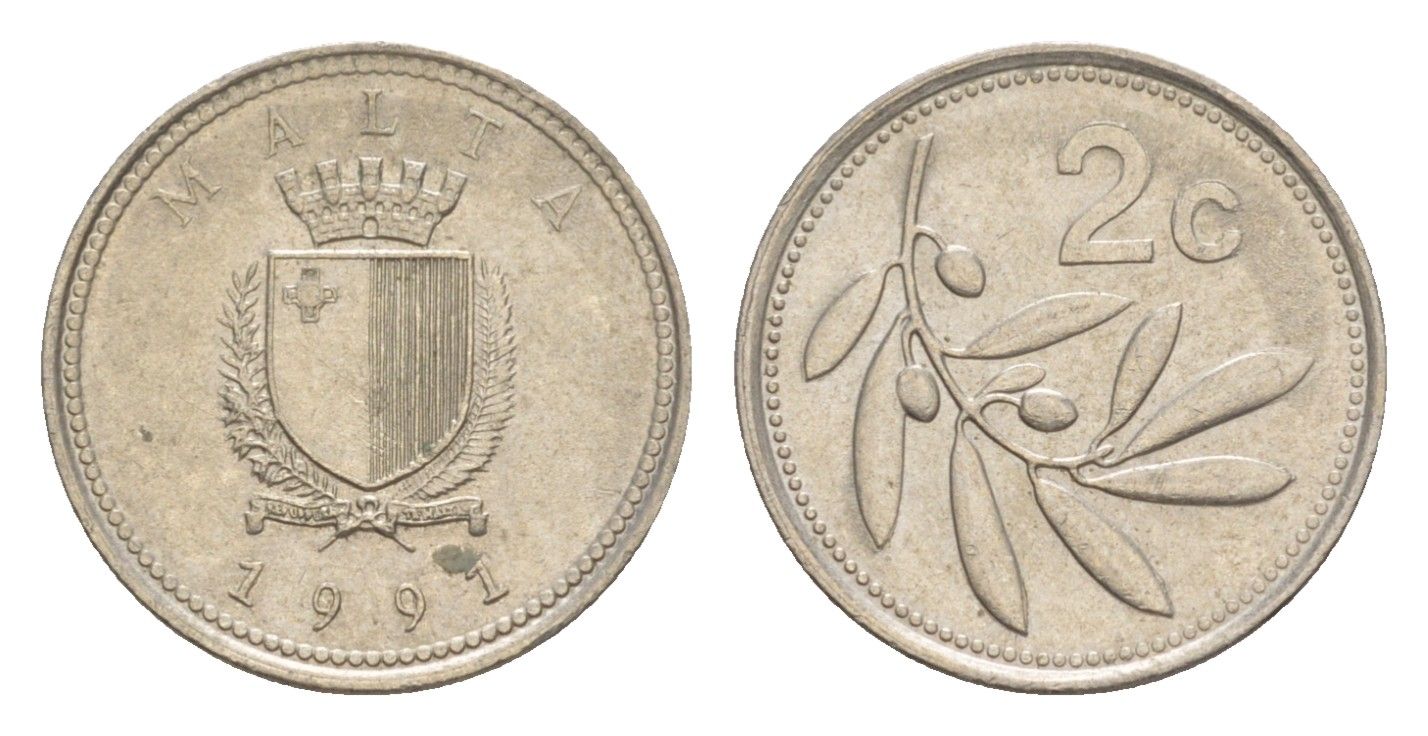 Мальта 2 цента 1991 оливковая ветвь KM 94 медно-никель 4644-1248