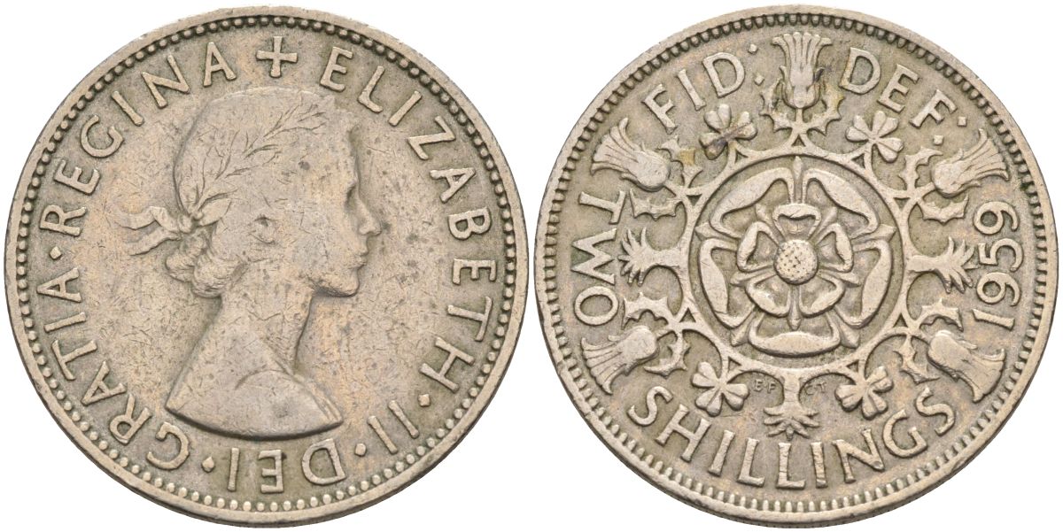 Великобритания 2 шиллинга (флорин) 1959 Елизавета II (1952-2022) KM 906, Spink 4146 медно-никель 4117-1026