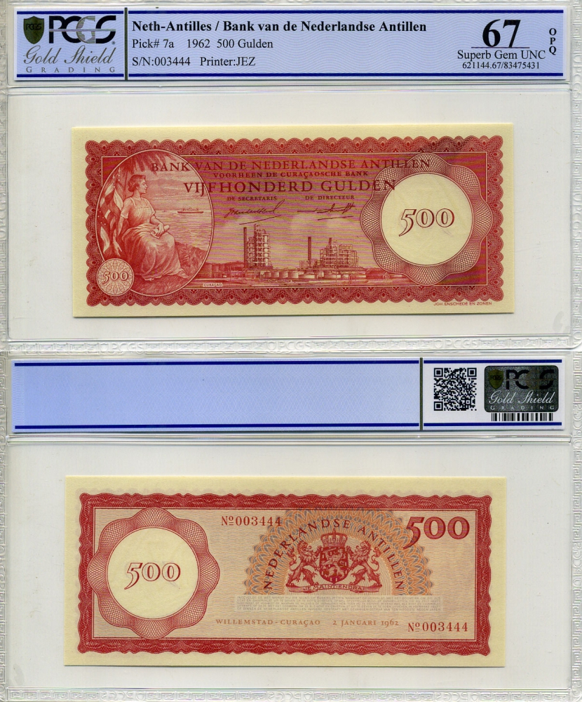Нидерландские Антилы 500 гульденов 1962 в слабе PCGS 67 Super Gem UNC Pick 7a бумага UNC (пресс) 452-1-26